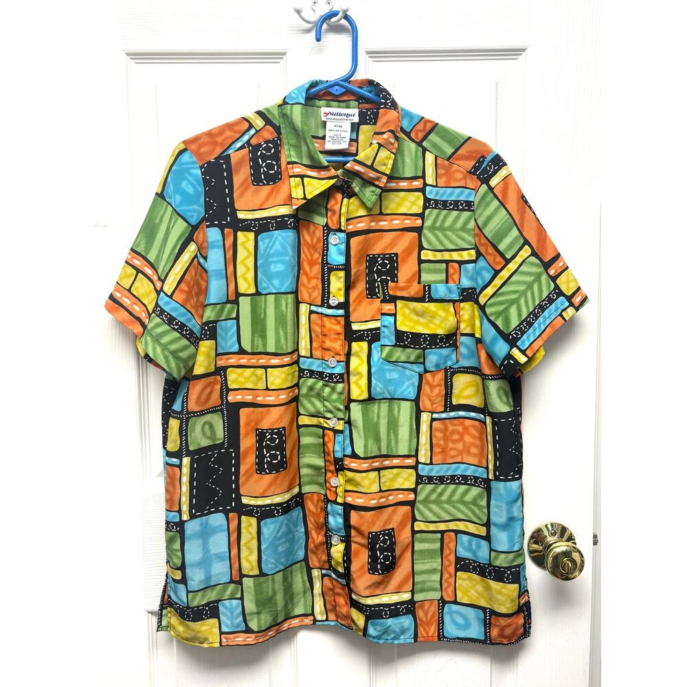 National Blouse Abstract Patchwork Womens Large Short Sleeve Button Front